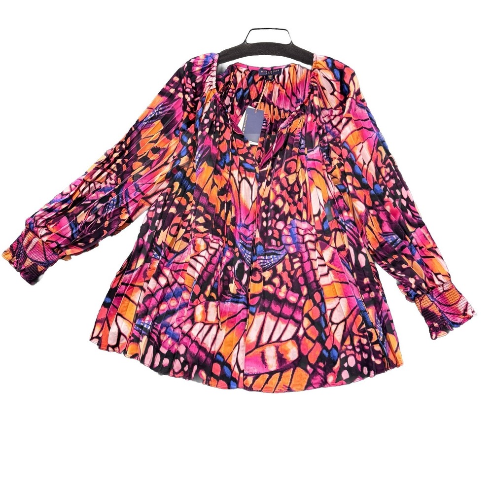 Skies are Blue Curve Split V Neck Butterfly Blouse SZ 3X Pink Mulberry $99‎